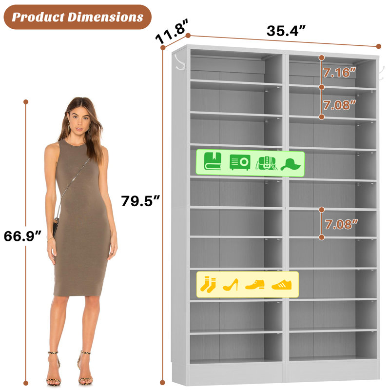 Armoire à chaussures haute, étagère à chaussures en bois 10 niveaux, Gris