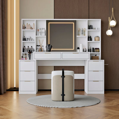 Makeup Vanity Desk With Mirror And Lights, Vanity Table With Drawers And Open Storage Shelves