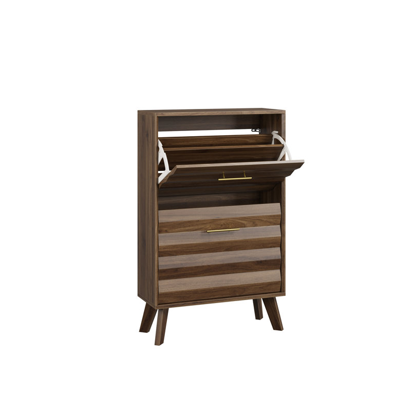 Meuble à chaussures moderne du milieu du siècle, 23,6 po, couvercle rabattable, fini noyer, rangement étroit pour entrée avec étagères réglables et poignées dorées