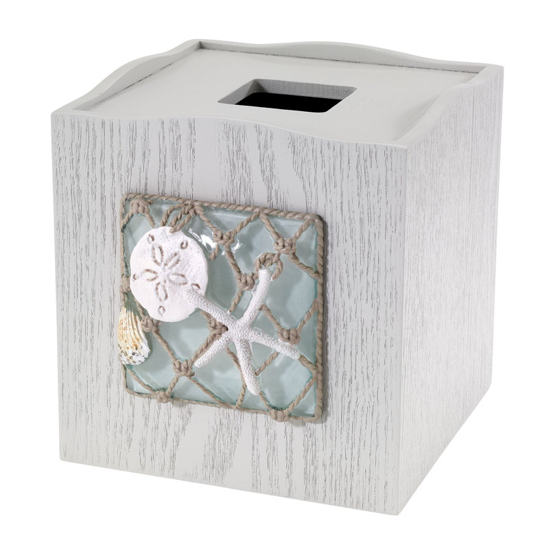 Whitewashed Wood Nautical Tissue Box Cover with Resin Insert
