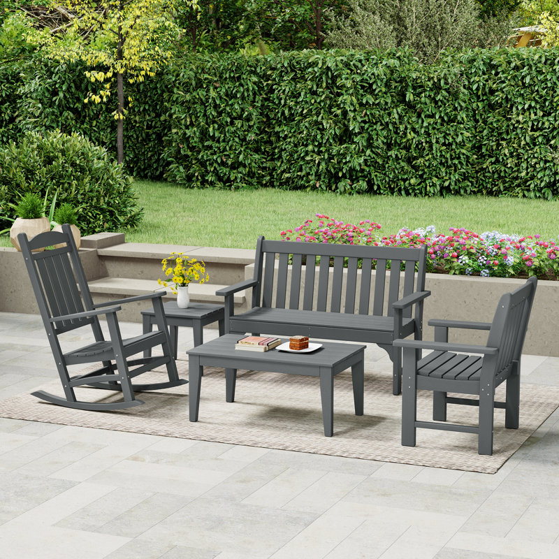 Ayling Poly 5-Piece Bench & Rocking Chair Set, Gray