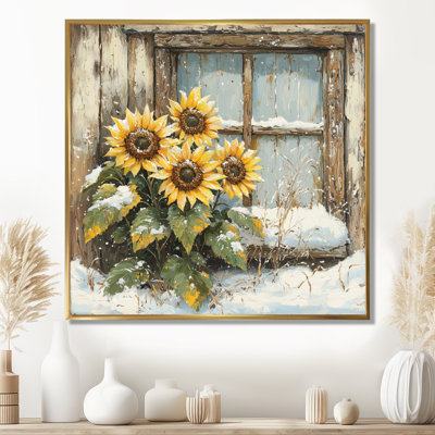 «Dontevious Sunflowers By The Snowy Barn Window», art mural tournesols