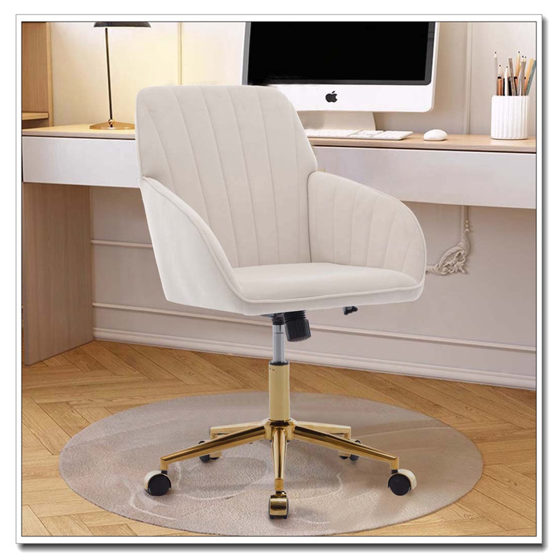 Chaise de bureau ergonomique pivotante avec mousse à mémoire de forme et base dorée, Beige/Gold Velvet
