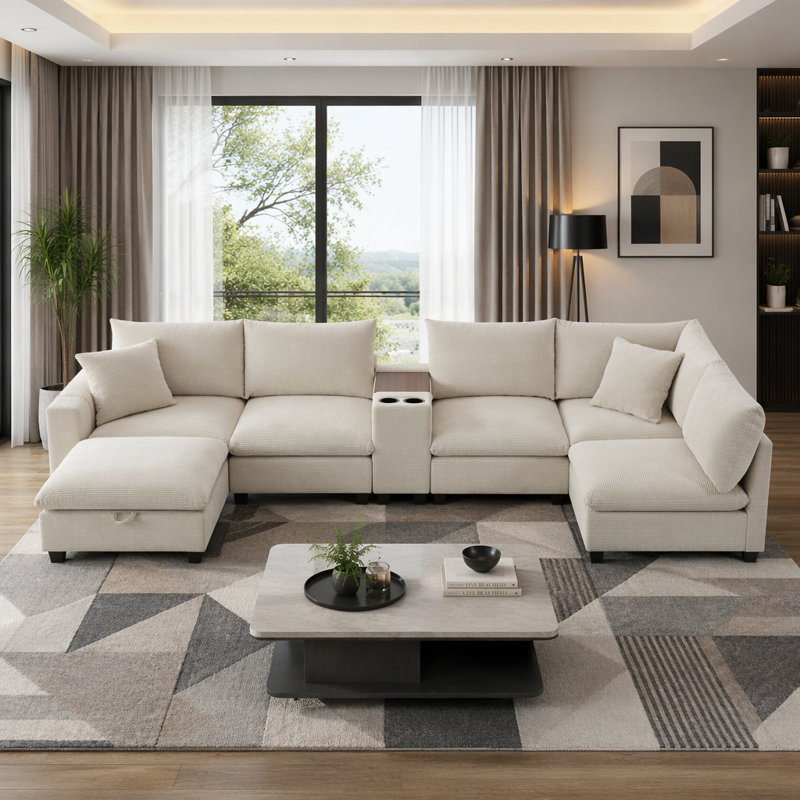 Canapé modulaire en forme de U 139 po avec console de rangement, charge USB, porte-gobelets, repose-pieds de rangement mobile et larges sièges en velours côtelé de 139 po