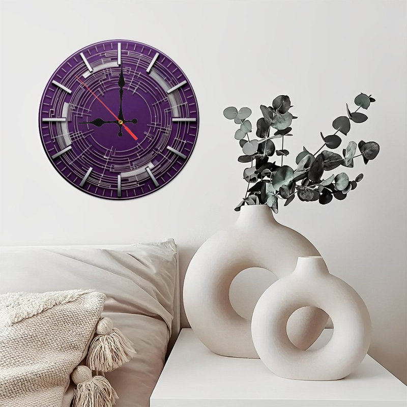 Horloge murale ronde en bois 10 po, mouvement à quartz silencieux, imprimé UV, à piles, Mauve