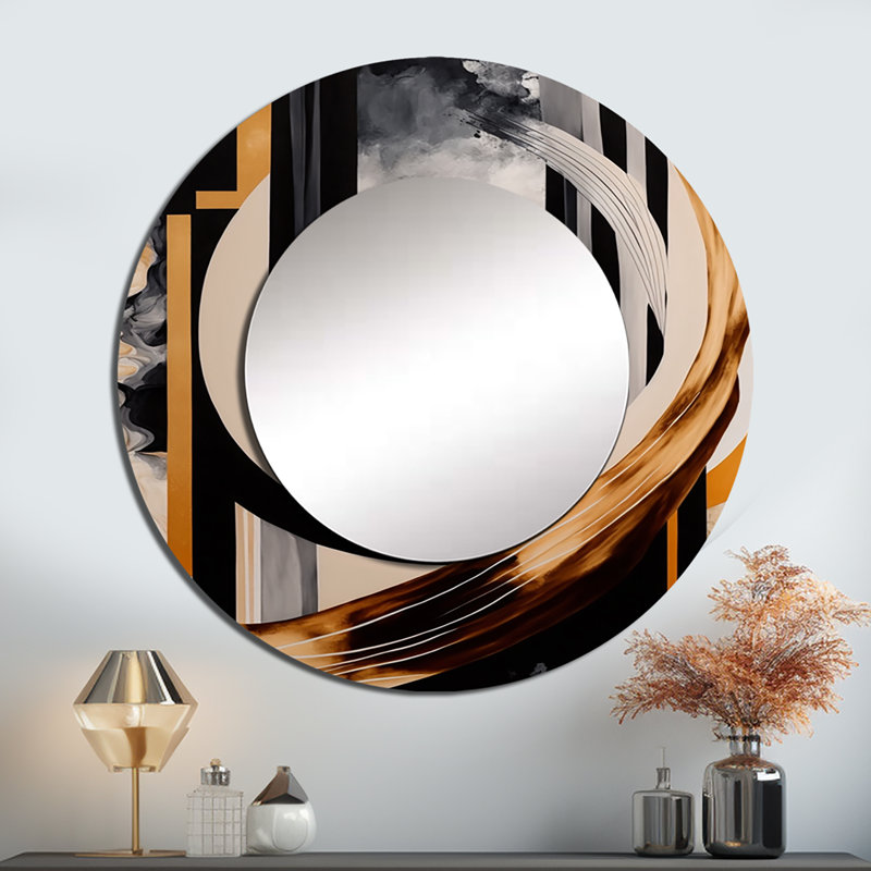 Shirene Gold Touch Art Deco I - miroir décoratif abstrait, miroir mural rond noir, impression d'art en métal, 36 po x 36 po