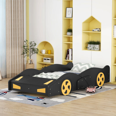 Lit plateforme simple en forme de voiture de course avec roues et rangement, noir et jaune
