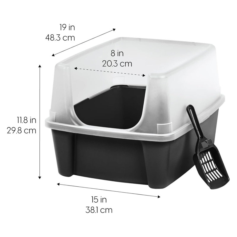  Large High Sided Cat Litter Box, Open Top, Scatter Shield, Scoop Black