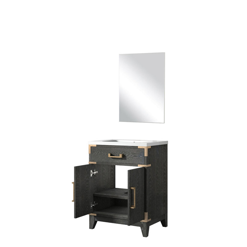 24 po L 18 po x P 18 po. Meuble-lavabo en chêne noir avec comptoir en acrylique et miroir, Noir