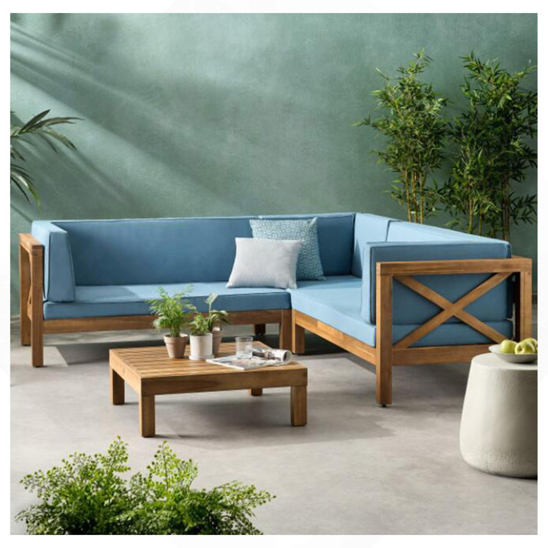 Ensemble de canapé 4 pièces X-Back, bleu, Coussin bleu / structure en bois naturel