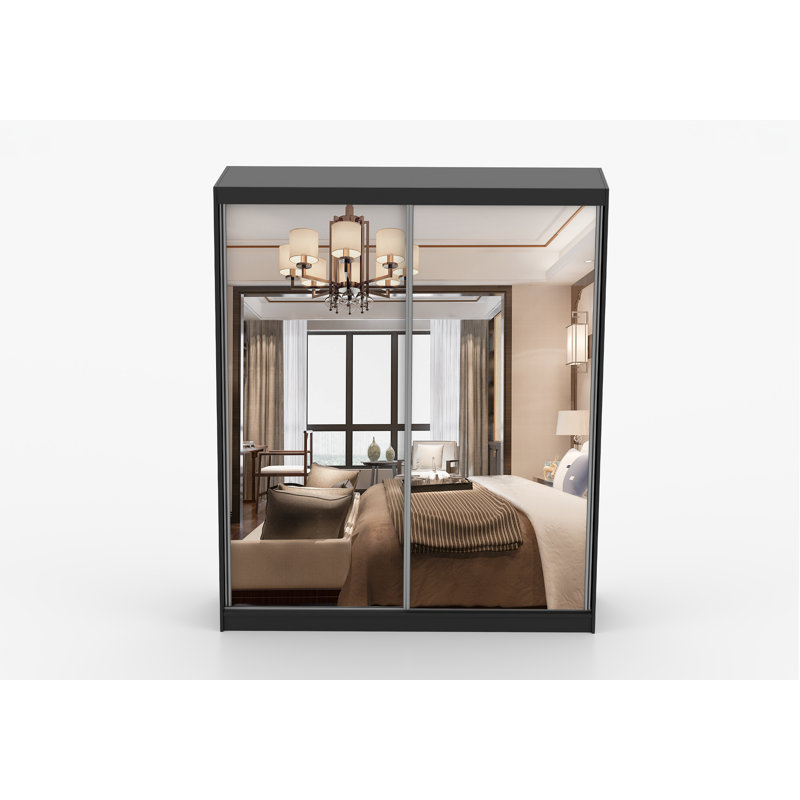 2 Door Laminate Wardrobe, Black front/Black doors, Two front mirrors