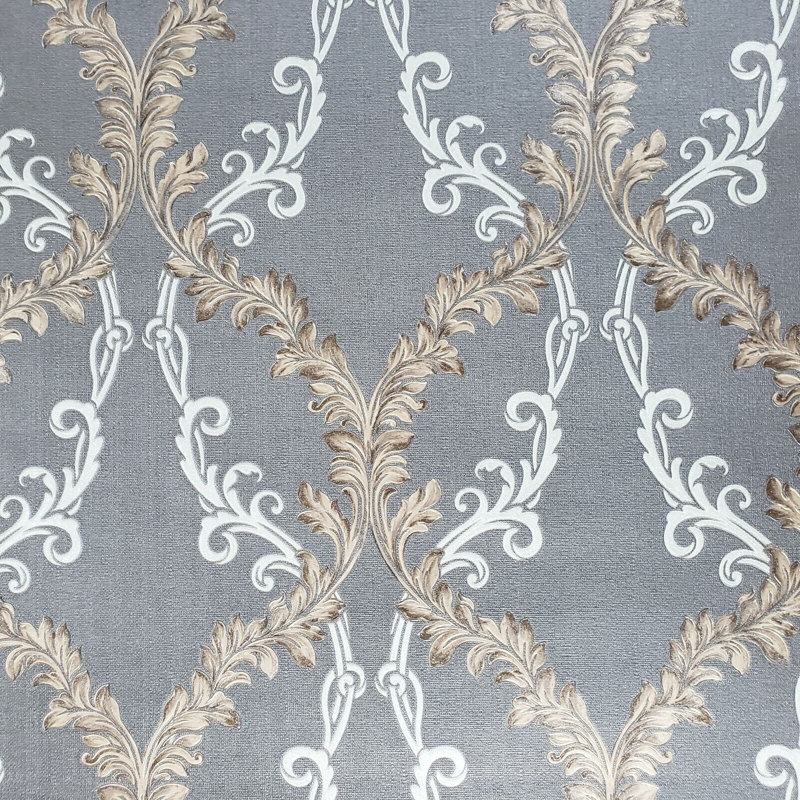 Rouleaux de papier peint imitation damas floral texturé, Gris / blanc