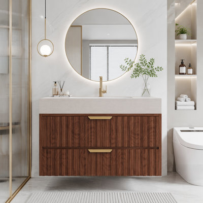 Modern Floating Bathroom Vanity with Seamless Sintered Stone Top and Ceramic Basin, 2 Soft-Close Drawers