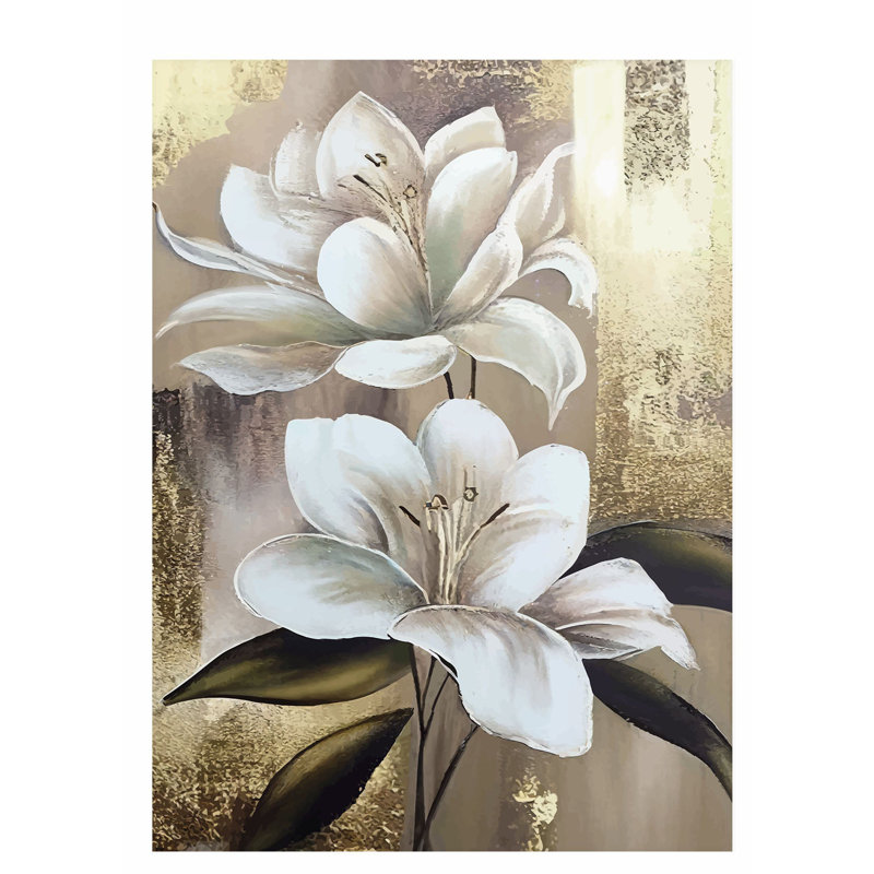 Impression florale blanche de magnolias blancs sur fond doré, H 20 po x l 16 po