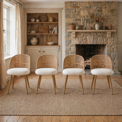 Rattan Dining Chairs Set, Modern Upholstered Kitchen Chairs With Wicker Back And Metal Legs, Boho Farmhouse Side Chairs For Dining Room, Beige/Brown, Set Of 2 Or 4