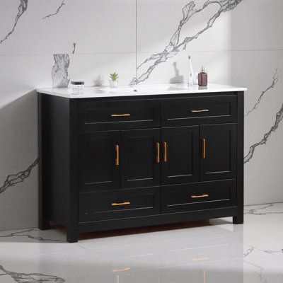 Ensemble de meuble-lavabo 48 po avec lavabo en céramique, armoire de rangement abondante, 4 portes à fermeture douce et 4 tiroirs