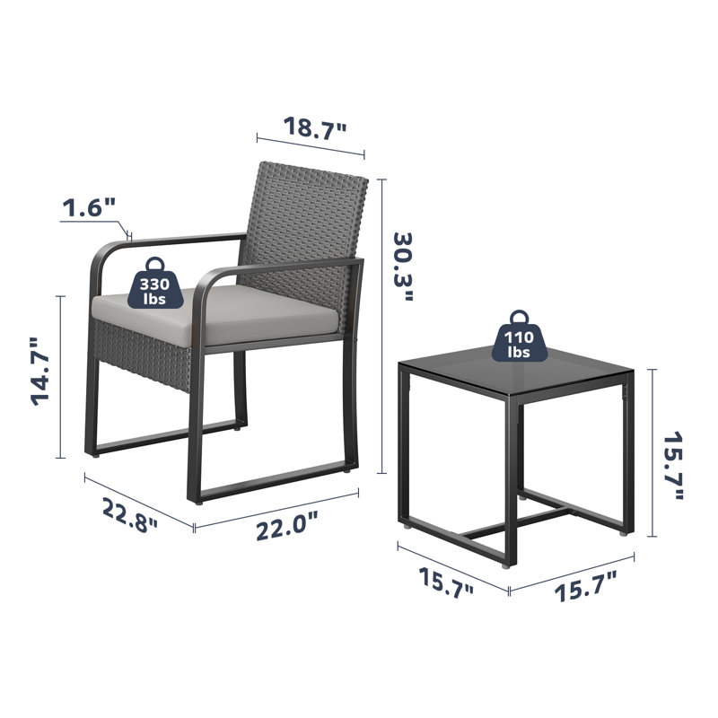 2-Person Wicker Patio Conversation Set – with Cushions & Coffee Table, Gray