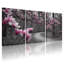 Ensemble de 3 tableaux sur toile tendue représentant un chemin forestier en noir et blanc et des fleurs de magnolia rose-1043123353