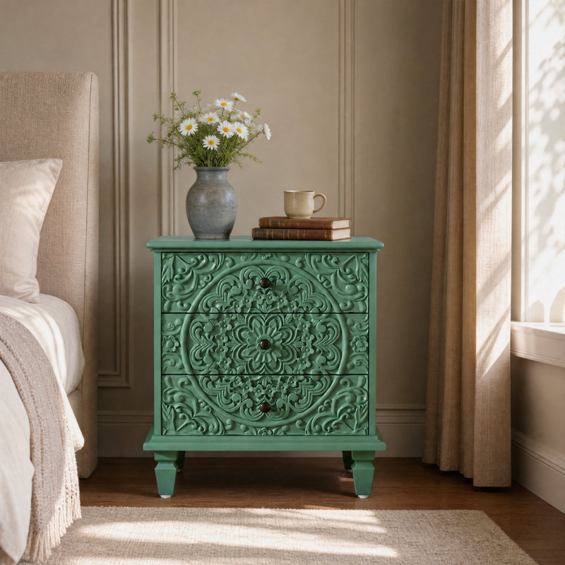 Buffet décoratif 3 tiroirs en bois sculpté, Green