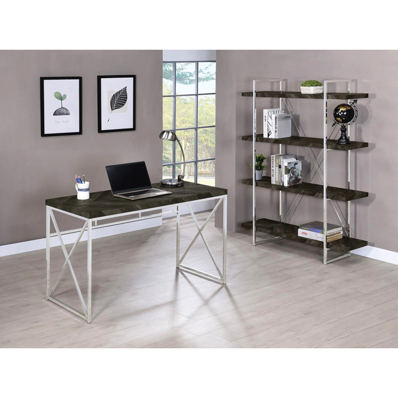 Bureau à la mode - Chevron gris rustique et brillant avec structure en métal élégante
