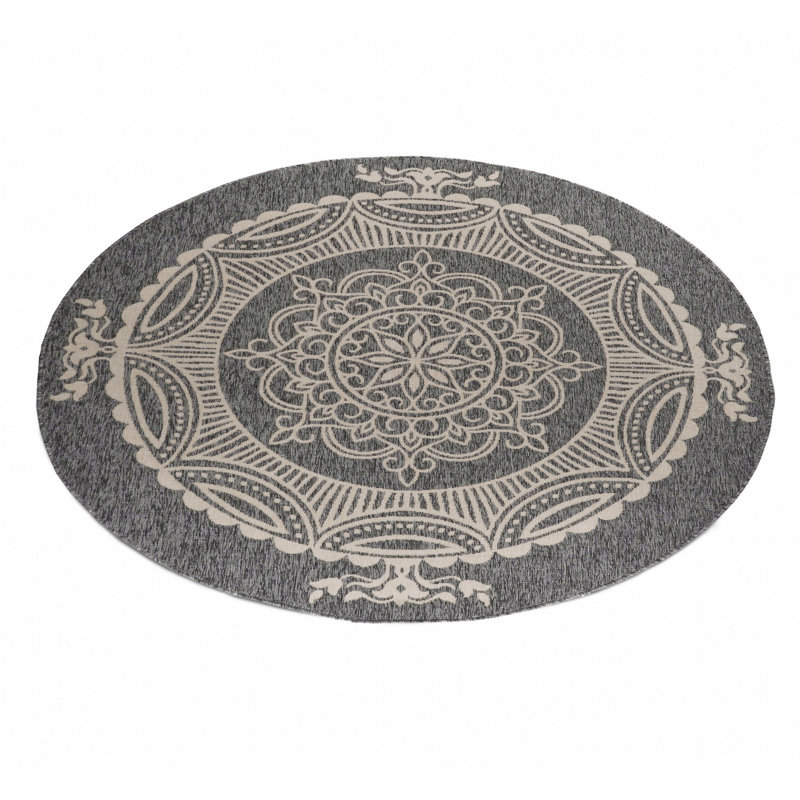 Tapis d'intérieur / extérieur à motif floral gris / beige Dheny, Rond 6 pi 7 po