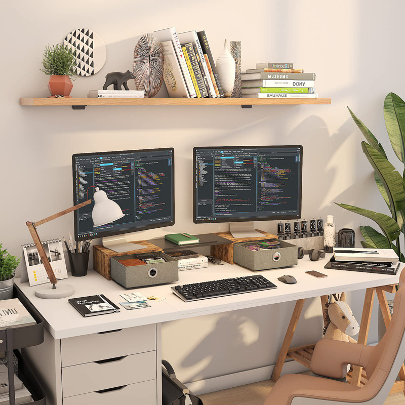 Dual Monitor Stand Riser With Two Drawers, Extra Large Storage For 2 Monitors, Desktop Oraganizer Computer,Laptop,Screen,Printer,TV