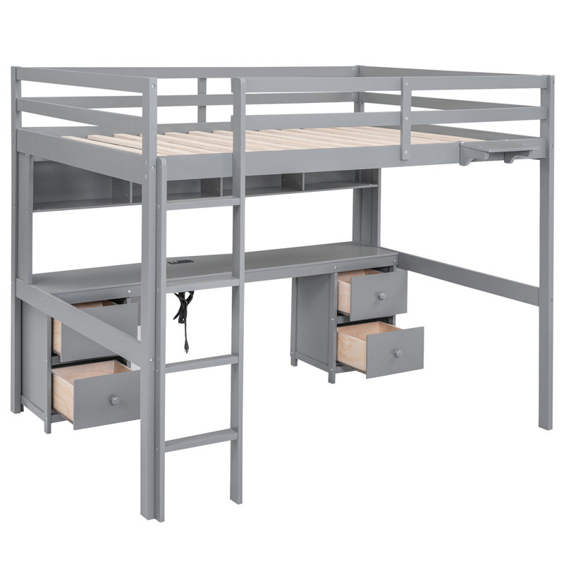 Lit mezzanine pleine grandeur de couleur grise avec bureau, 4 tiroirs et bureau de recharge pratique, rangement de finition