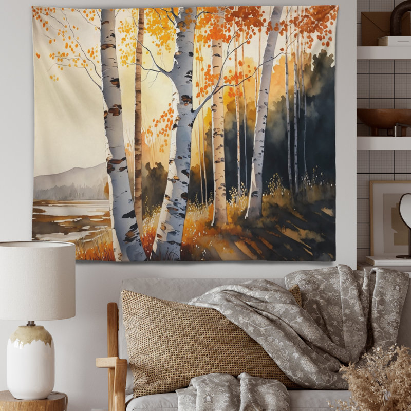 Bouleaux pendant l'heure dorée au bord du lac V - Tapisserie murale paysage forêt, H 50 po x l 60 po
