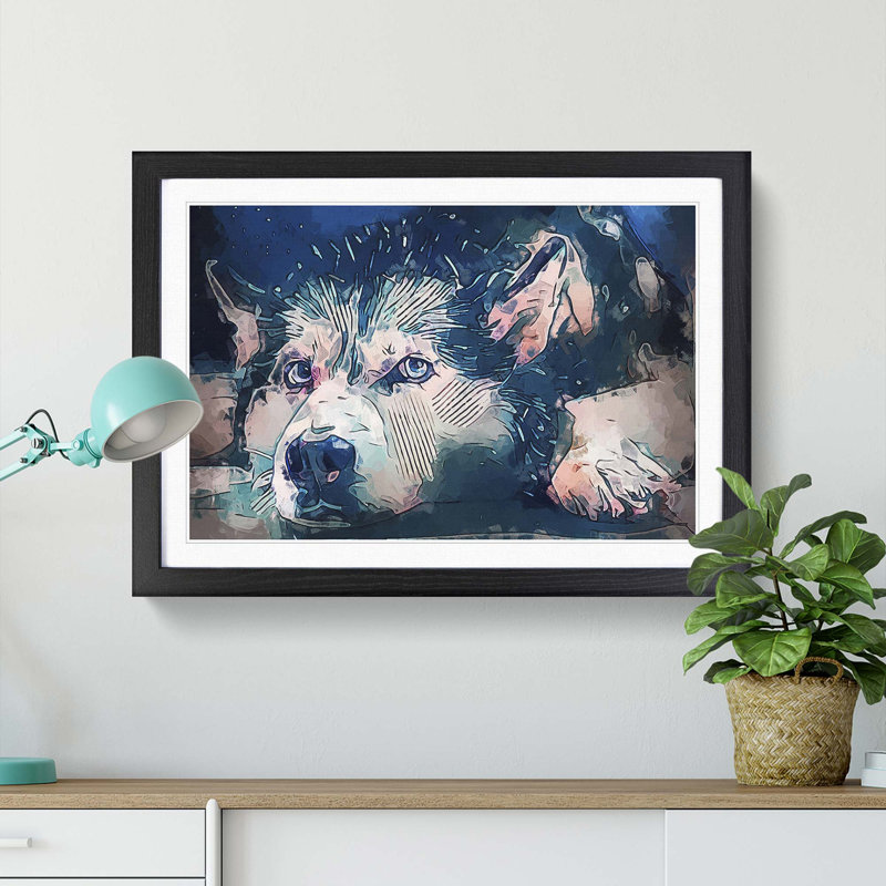 A Husky Dog in Abstract - Picture Frame Painting Print, 62cm H x 87cm W x 2cm D, Black Framed