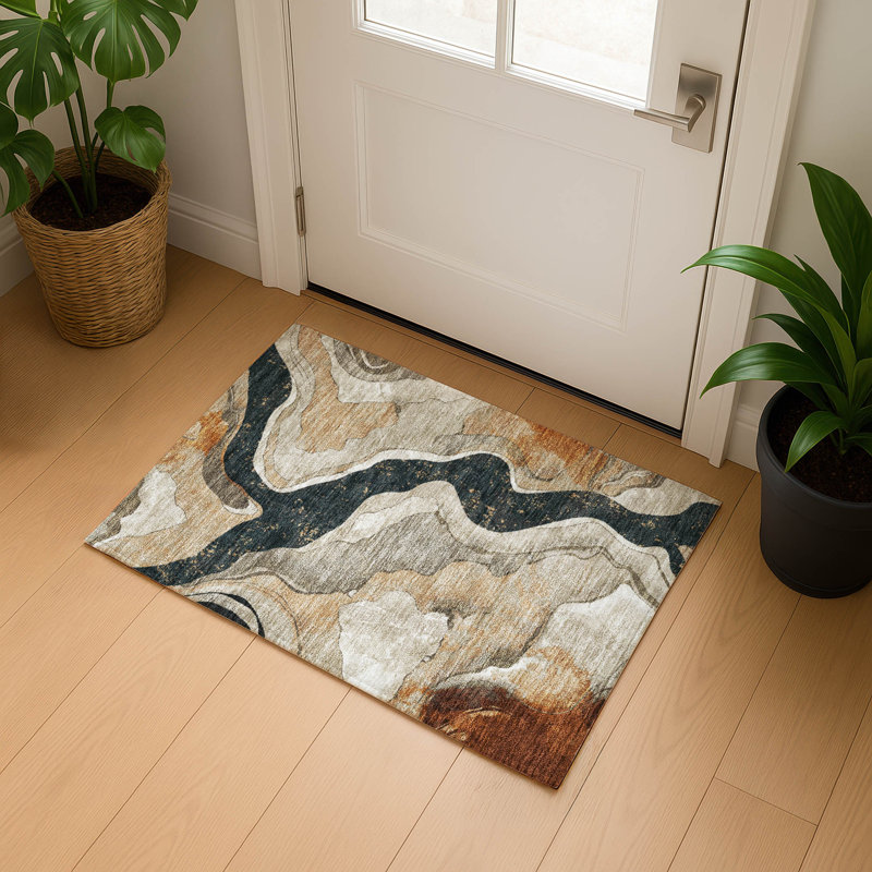 Tapis abstrait lavable à la machine de qualité supérieure Mayfield AMF2219, Mastic, 1'8" x 2'6"