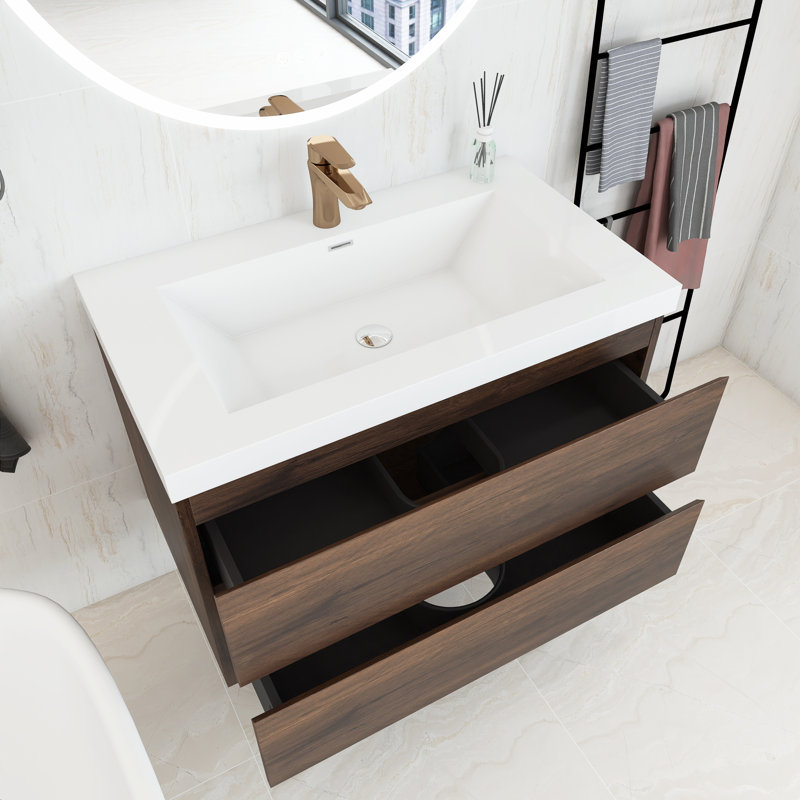 Derrald 36'' Single Sink Wall Mounted Bathroom Vanity with Resin Top, Rose Wood