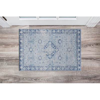 Emanuel Traditional Machine Woven Flatweave Light Blue and Blue Area Rug with Non Skid Backing 