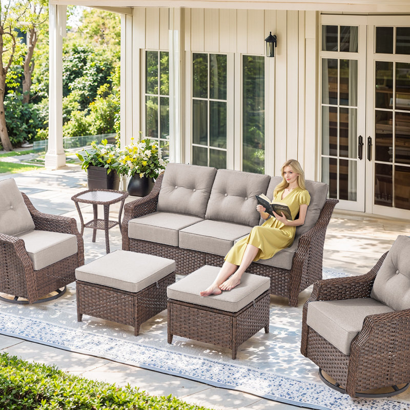 6 Piece Brown Wicker Patio Furniture with Cushions, Beige