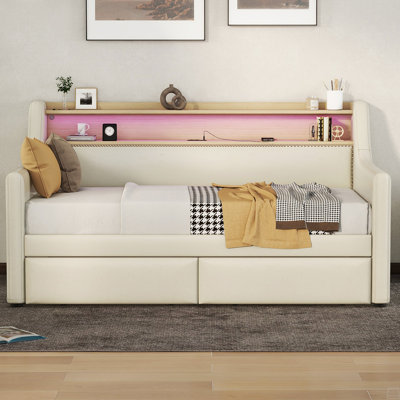Twin Size Daybed With Drawers, Upholstered Daybed With Charging Station And LED Lights by Latitude Run