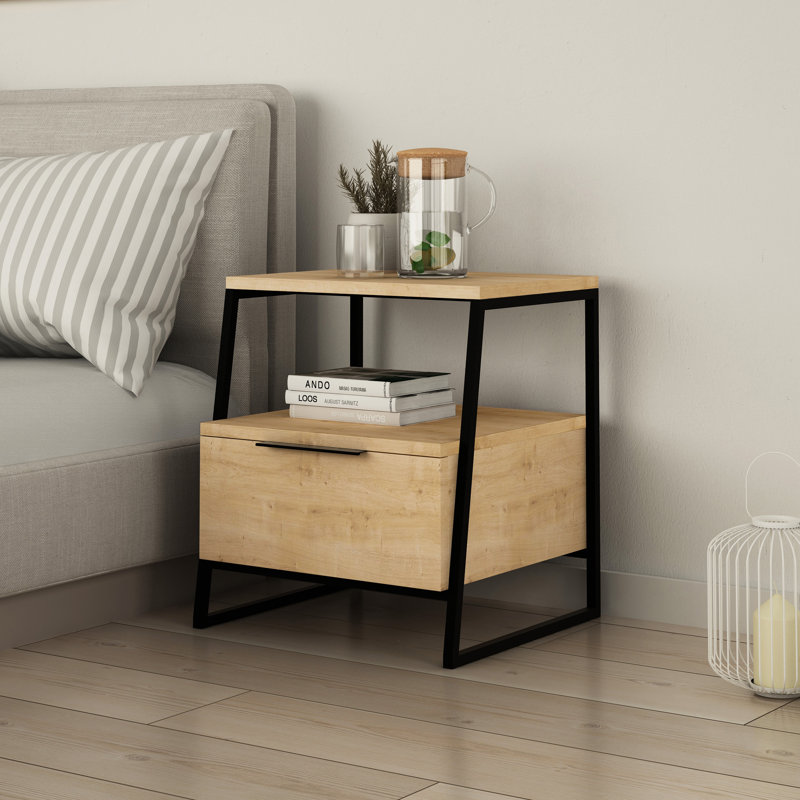 Catinna 1 Drawer Bedside Table | Modern Nightstand with Open Shelf, Oak