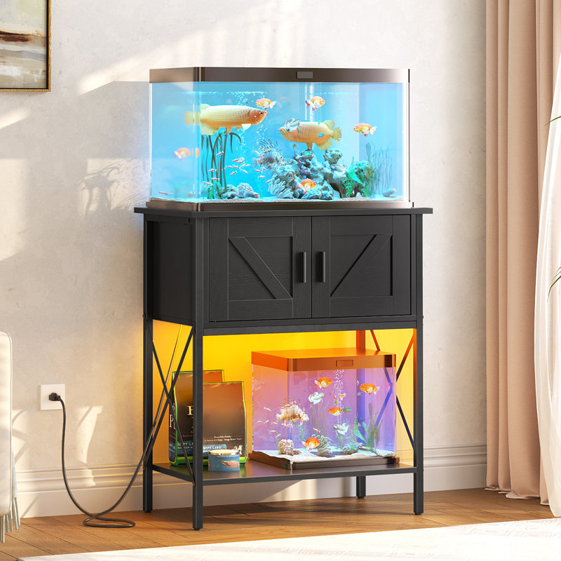 Black Metal and Particleboard Aquarium Stand with LED Light and Storage Cabinet
