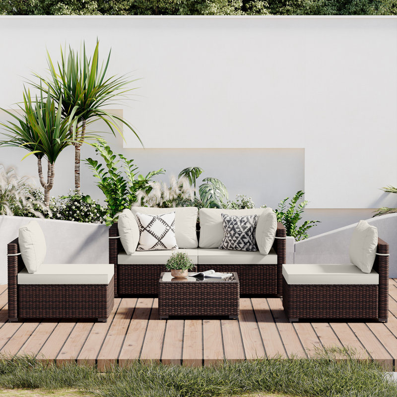5-piece wicker patio conversation sets with cushions, Ivory White, 5 Pcs, Brown