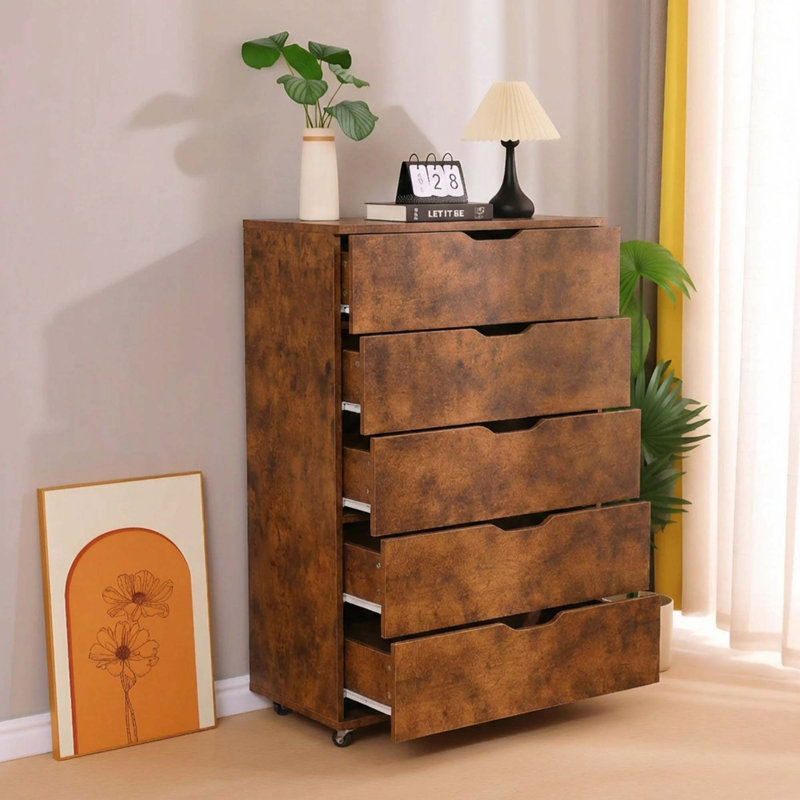 5-Drawer Rolling Dresser for Compact Spaces, Rustic Brown