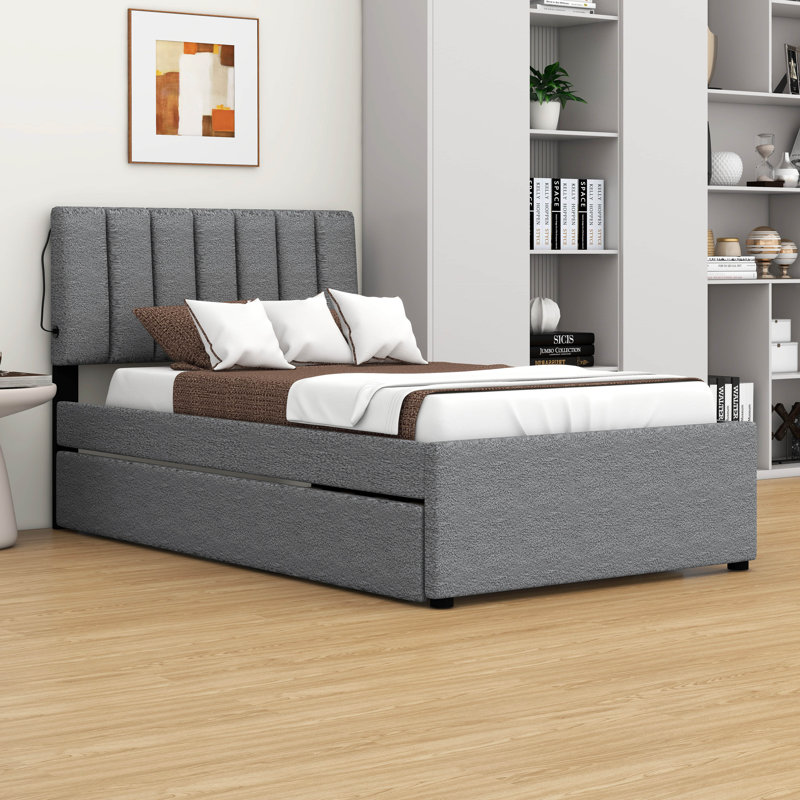 Lit plateforme tapissier simple Teddy, Gris