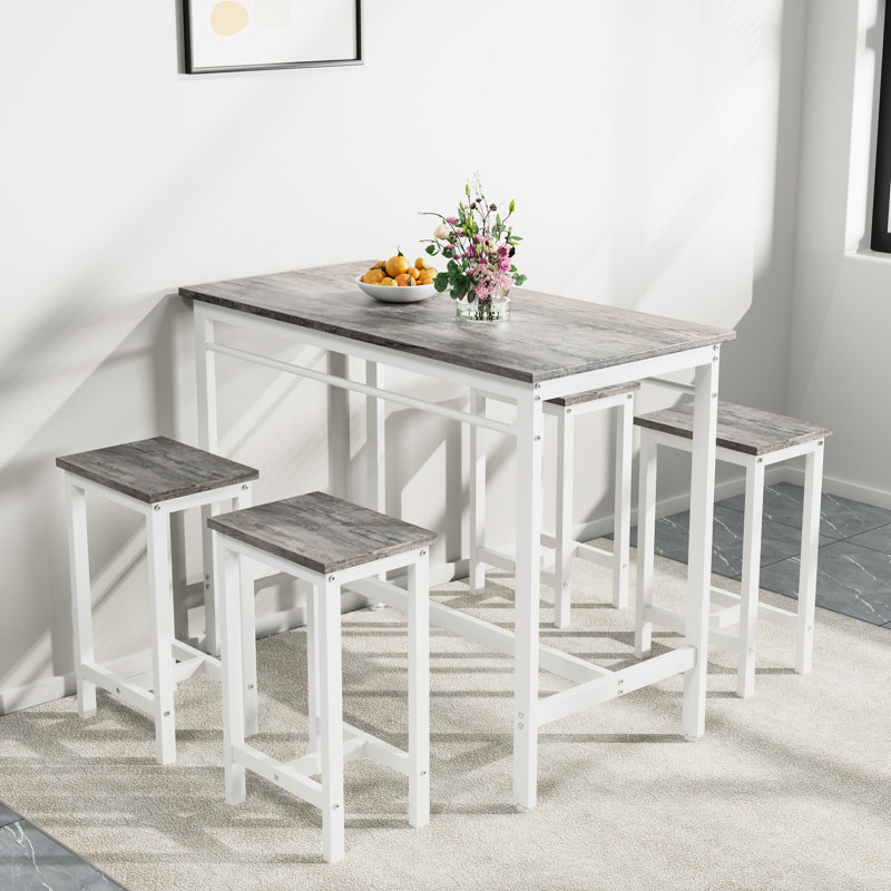 Table de salle à manger 5 pièces et tabourets de bar, structure en métal blanc chêne, convient aux repas pour 4 personnes, 5 pièces modernes avec quatre tabourets, métal, aspect élégant