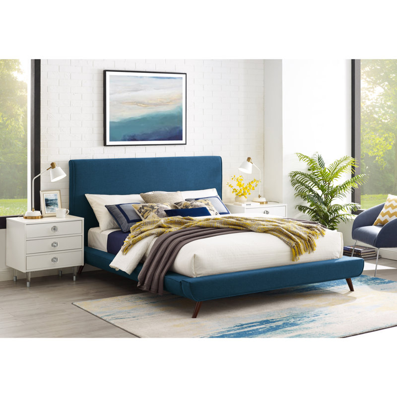 Clodean Linen Upholstered Platform Bed, Denim, Queen
