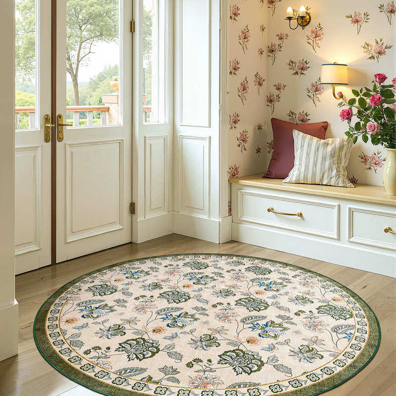 Chinoiserie Floral Rug Vintage Romance Design Washable Non-slip Green/Beige, Round 6', Green/Beige