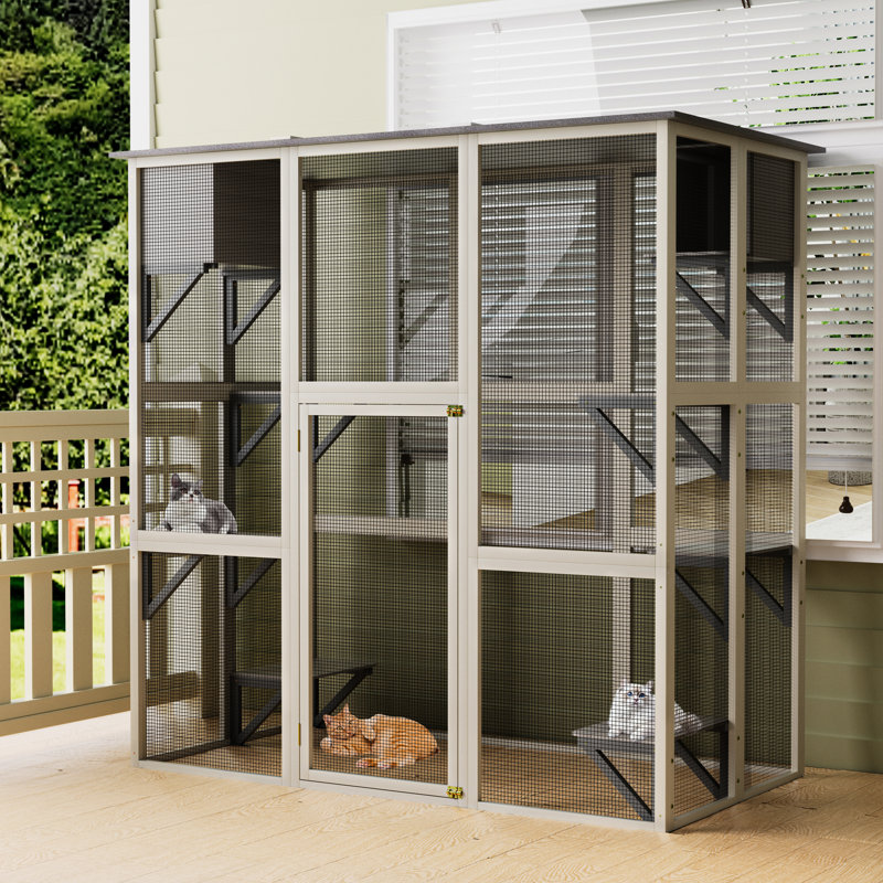 Enclos pour chat gris en bois, toit en asphalte, 6 plateformes, 2 boîtes de sieste, idéales pour les activités de patio
