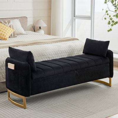 66"W Velvet Bedroom Storage Bench End of Bed King Size with Gold Legs and 2 Pillows,Arm Pocket