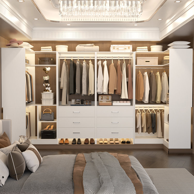 Système d'organisation 112,5 po avec tiroirs en bois et tringles de suspension, Blanc