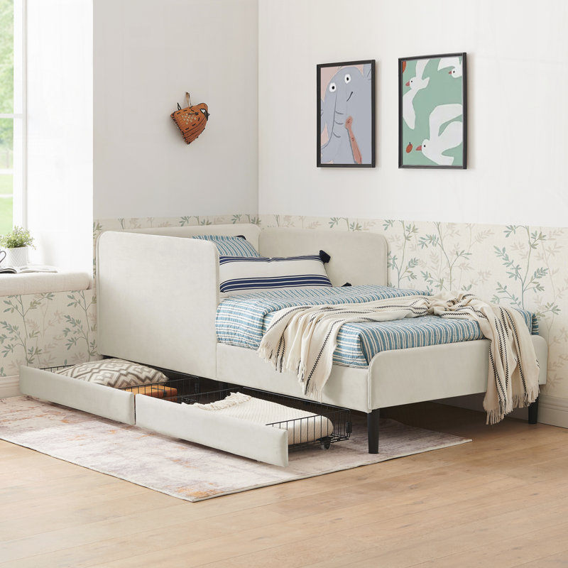 Structure de lit plateforme tapissier avec 2 tiroirs de rangement, Beige, Lit simple