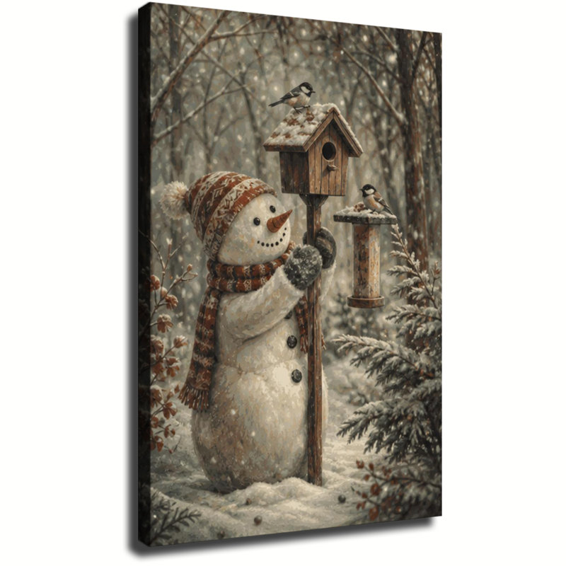 Bonhomme de neige joyeux près d'un nichoir avec des mésanges dans une forêt enneigée, décoration murale vintage sur toile pour Noël et l'hiver