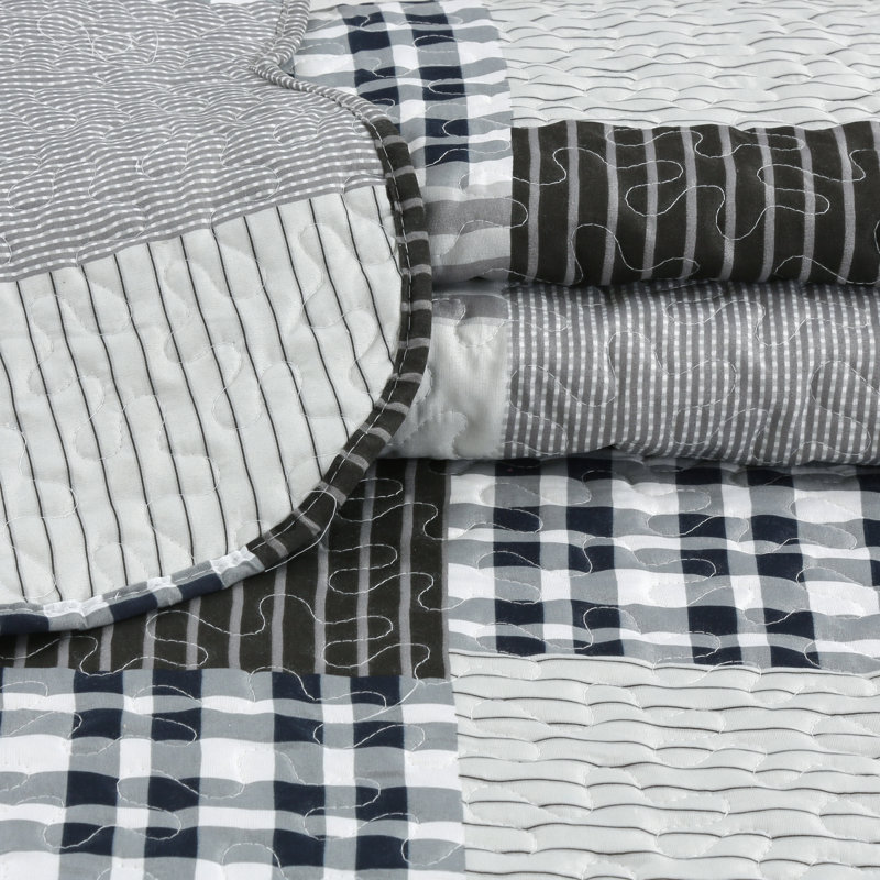 Marina Decoration Home Bedroom Bedding Stitching Coverlet Bedspread Ultra Soft 3 Piece Summer Printed Quilt Set with 2 Quilted Shams, Modern Grey Plaid Pattern King Size