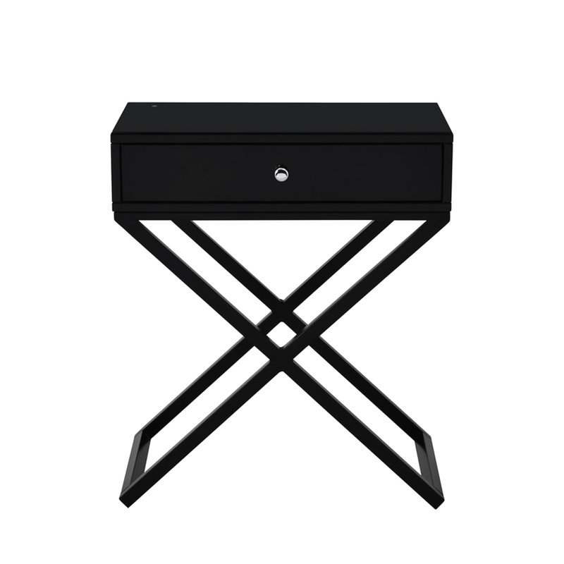 Table de chevet noire en bois avec plateau en verre de 23 po, base en métal et plateau de rangement dissimulé, tiroir