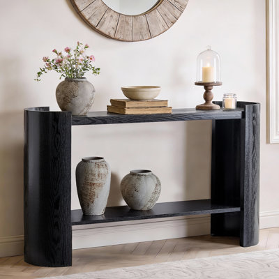 53" Double-Layer Black Wood Grain Console Table with Curved Design – Space-Saving Entryway, Sofa Side or Foyer Table for Modern & Minimalist Decor
